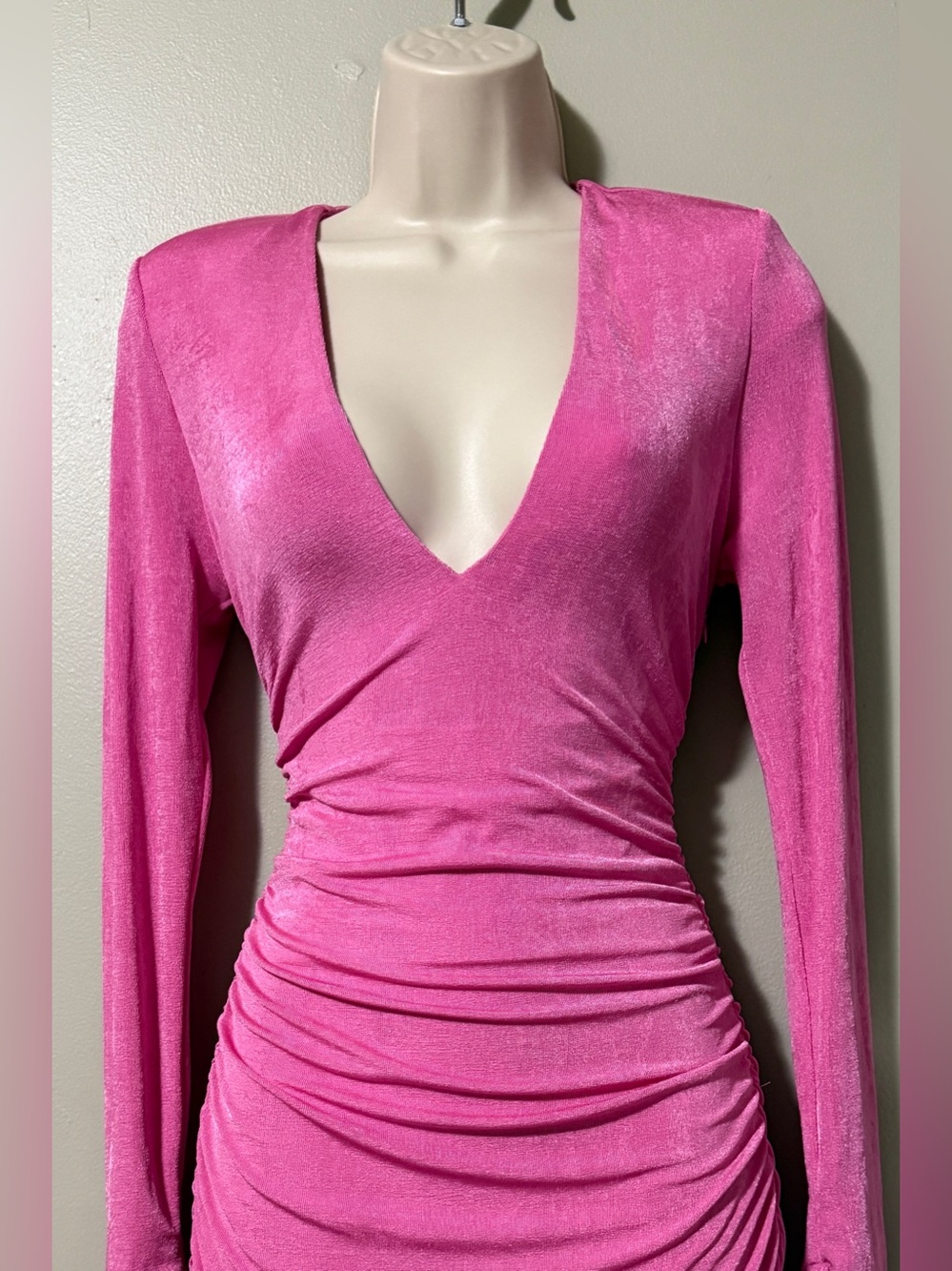 SER.O.YA Pink Deep V-Neck Ruched Mini Dress—Sample - Picture 4 of 6